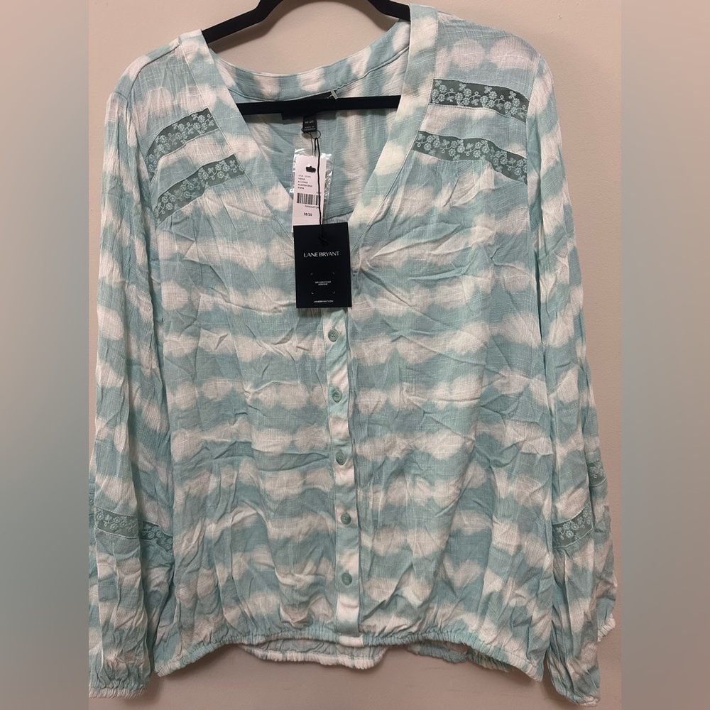 Lane Bryant Lightweight Button Front Top | Mint Tie-Dye Lace Detail 18/20 NWT